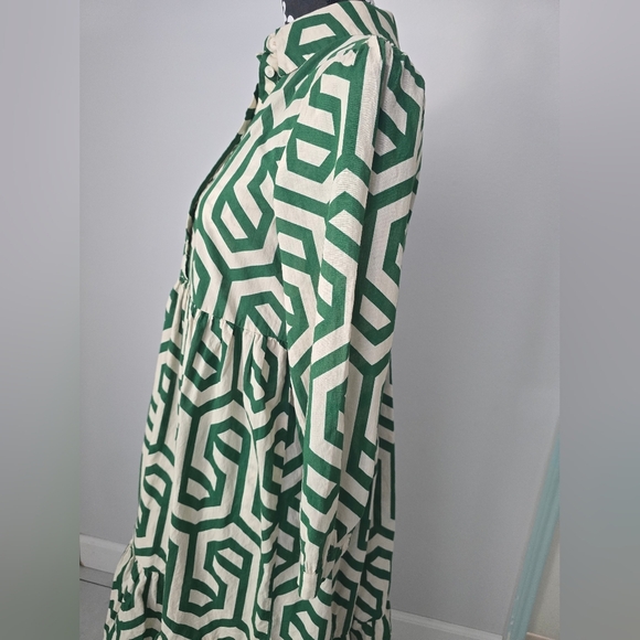 Zara Ecru White Green Geo Geometric Print Karen Tiered Midi Size S - Picture 8 of 16